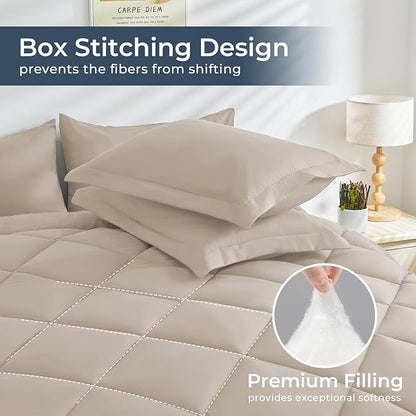 HEVUMYI Khaki Cali-King Comforter Set - 7-Piece All Season Bed in a Bag Cali-King, Ultra Soft Bedding Set with Comforter, Flat Sheet, Fitted Sheet, Pillowcases, Pillow Shams