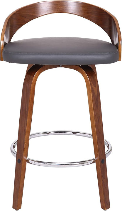 Armen Living Sonia 26" Counter Height Swivel Gray Faux Leather and Walnut Wood Bar Stool - Set of 4
