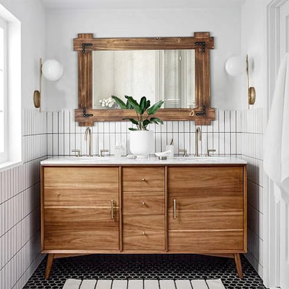 MeMoreCool Rustic Wooden Framed Wall Mirror, Farmhouse Decorative Vanity Mirror, Wall Mounted Rectangular Mirror for Bathroom, Bedroom, or Living Room, 40x28 Inches