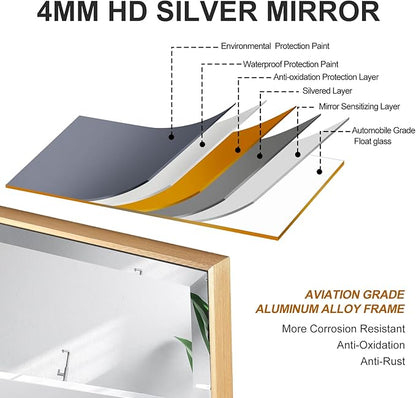 30x36 Inch Gold Mirror with Beveled Trim, Aluminum Frame Bathroom Vanity Mirror, Copper-Free Mirror, Rectangle Wall Mounted Mirror, Modern Rectangular Mirror Horizontal or Vertical