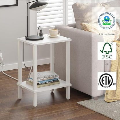 TUTOTAK End Table with Charging Station, Small Side Table with Outlets, Nightstand Bedside Table, 2-Tier Storage Shelf for Small Space, Living Room, Bedroom, White TB01BW040