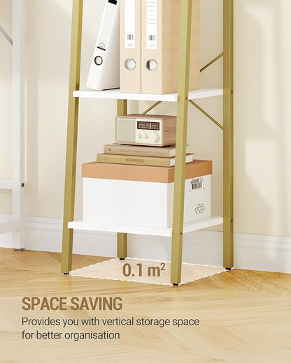 Ladder Shelf, Bookshelf Bookcase, Freestanding Corner Storage Shelve with 2 Hooks for Home Office, Living Room, Kitchen, Bedroom, Industrial, 4-Tier White Gold BC13213G