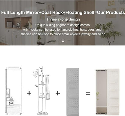 KungFuWood Full Length Mirror with Shelf and Hooks,Entry Way Mirrors for Wall,Wall Mirror with Shelf,Wall Mirror with Storage Multifunctional Design Panel,Living Room