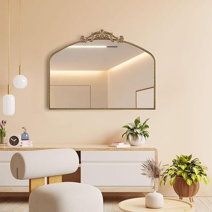 Gold Antique Mirror 40” x 30”, Large Ornate Mantel Mirrors with Arch Frame, Vintage Mirror Over Fireplace, Decorate Gold Beaded Frame for Living Room/Entryway/Dresser