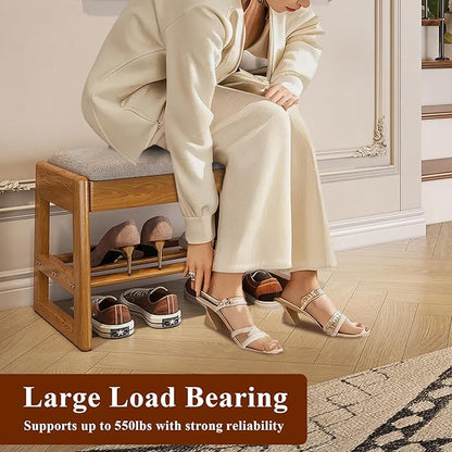 Shoe Rack Bench with Cotton-Linen Cushion 2-Tier Wooden Storage Bench 550lbs Compact Simple & Modern Design for Entryway, Hallway, Bedroom, Living Room, Closet, Front Door Entrance, Foyer