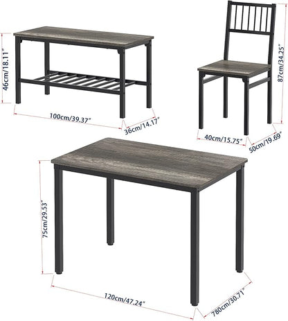 Teraves Dining Table Set for 4/Computer Desk,Kitchen Table with 2 Chairs and a Bench,Table and Chairs Dining Set 4 Picce Set for Dining Room (Black Oak+Black Frame,120CM)