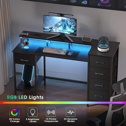 47 Inch Computer Gaming Desk with Power Outlets & LED Lights Reversible Home Office Desk with Adjustable 5 Fabric Storage Drawers for Working Writing Study, Black