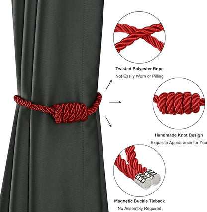 BEL AVENIR Magnetic Curtain Tiebacks, Decorative Drapery Holdbacks Modern Woven Tie-Backs with Exquisite Knot (Red, 2 Pack)