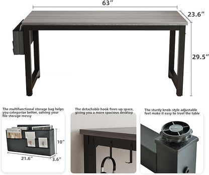 Large Computer Desk - 63 Inch Home Office Desks Study Student Writing Table Gaming Desk Wood Modern Simple Table with Storage Bag & Headphone Hooks, Grey
