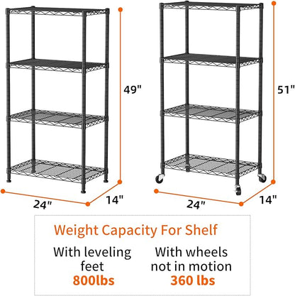 SINGAYE 4 Shelves Storage Shelf Wire Closet Bathroom Organizers Metal Pantry Kitchen Garage Shelving Unit Laundry Room Organization Home Rack Net Basket Black with Wheels