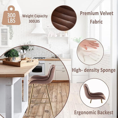 Sidanli Brown Velvet Bar Stools-Set of 2, 24 Inch Bar Stools for Kitchen Counter