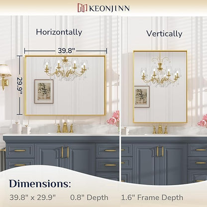 Keonjinn Gold Bathroom Mirror 40 x 30 Inch, Brushed Gold Mirror for Over Sink, Aluminum Alloy Framed, Square Corner, Modern Farmhouse, Large Rectangular Vanity Mirror for Wall(Horizontal/Vertical)