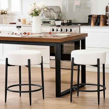 Dining Chairs Set of 2, 23.6" Backless Kitchen Living Room Chair，Mid Century Modern Chairs with Round Soft White Boucle Padded & Solid Metal Legs