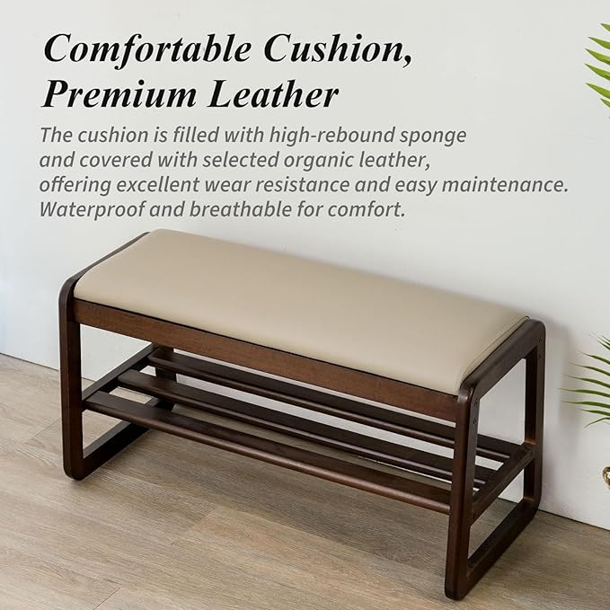 Shoe Bench, Entryway Bench with Leather Cushion, Solid Wood Shoe Rack, Mid Century Modern Bench, Shoe Storage, Shoe Organizer for Entryway (Grey, 39.4" W)