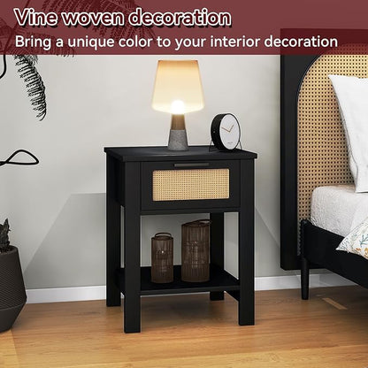 IBUYKE Rattan Nightstand Set of 2, Boho Night Stand with Drawer, Wood Bedside Tables with Storage Shelf, End Table with Legs for Bedroom, Black UWNS011B-2