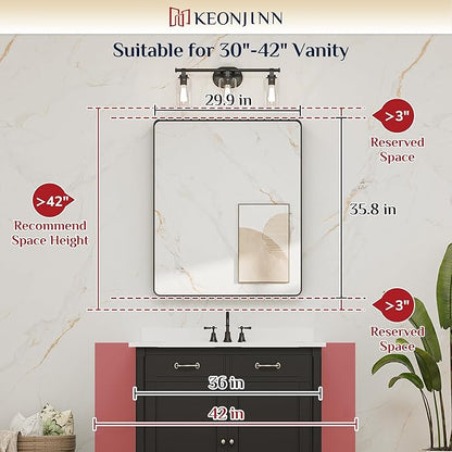 Keonjinn 30 x 36 Brushed Nickel Bathroom Mirrors for Over Sink, Rounded Rectangle Bathroom Vanity Mirror, Brushed Silver Framed Farmhouse Mirror, HD Tempered Glass Wall Mirror(Horizontal/Vertical)
