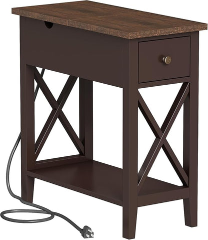 ChooChoo End Table with Charging Station, Narrow Side Table with USB Ports and Outlets, Nightstand with Drawer, for Small Spaces, Bedside Tables for Living Room Espresso