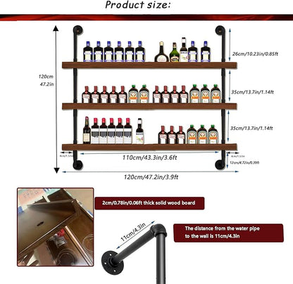 47.2in Large Wine Rack with LED Light Solid Wood Wall Mounted Wine Rack, 3-Tiers Liquor Bottles Floating Shelves Display Storage Organizer for Home Bar & Dining Room (120cm/47.2in)