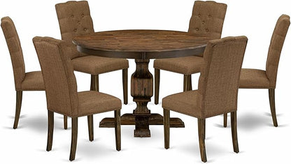 East West Furniture F3EL7-718 7 Piece Kitchen Table Set Consist of a Round Dining Table with Pedestal and 6 Brown Linen Linen Fabric Parsons Dining Chairs, 48x48 Inch, Distressed Jacobean