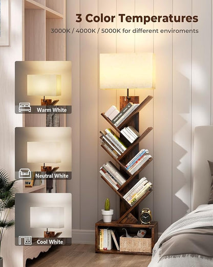 6 Tier Tree Bookshelf with Smart Light, Small Bookcase Tower with Remote Control, Tall Floor Standing Book Organizer for Living Room, Bedroom & Home Office, Rustic Brown