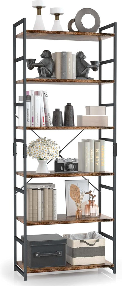 OTK 6 Tier Adjustable Bookshelf, Tall Bookcase, Office Shelf Storage Organizer, Modern Book Shelf for Living Room, Bedroom, and Home Office, Vintage