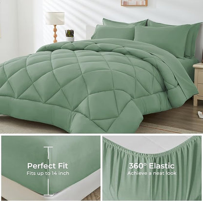 HEVUMYI Light Green Queen Comforter Set - 7-Piece All Season Bed in a Bag Queen, Ultra Soft Bedding Set with Comforter, Flat Sheet, Fitted Sheet, Pillowcases, Pillow Shams