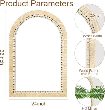 ULIKE Rattan Mirror for Bathroom, 24x36 Inch Arch Rustic Farmhouse Wall Decor with Handmade Wicker Frame, Boho Mirror for Nursery Bedroom Living Room Entryway