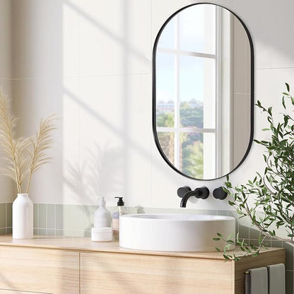 ANDY STAR Black Oval Mirror, 26x38'' Pill Shaped Mirror 1’’ Deep Metal Frame Wall Mounted Vertically&Horizontally Ideal for Limited Space