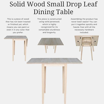 Solid Wood Small Drop Leaf Dining Table in Sturdy Parawood, Dual Drop Leaf Table with 9" Drop Leaf on Each Side, 36"W x 22"D x 29"H, Floor to Apron 26.5 Inches, Easy Assembly, Unfinished