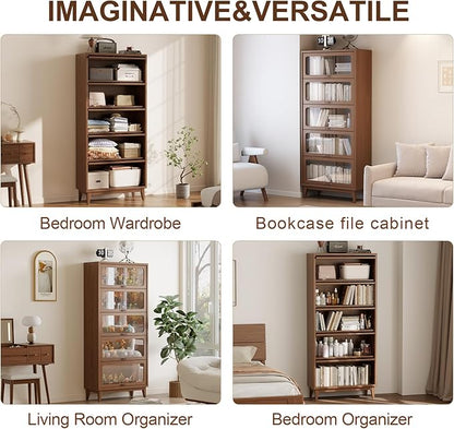 Solid Wood bookcase 5 Tier with Tempered Glass Flip-Up doors, 72Hx13.7Dx32W"Bookshelves Finish Cube Storage Organizer,Bookshelf Versatile Pantry Cabinet with Storage for Kitchen Home Office