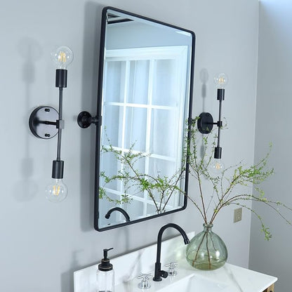 TEHOME Matt Black Pivot Rectangle Bathroom Vanity Mirrror Farmhouse Tiltable Rounded Metal Framed Pivoting Bathroom Mirror with Beveled Mirrror, Overall 27 x 35 inches (Mirrror 23 x 35 inches)