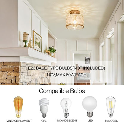 Modern Semi Flush Mount Ceiling Light with Industrial Clear Hammered Glass Lampshade, Farmhouse Ceiling Lights fixtures in Satin Nickel for Hallway Kitchen Bathroom Bedroom