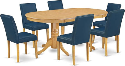 East West Furniture VAAB7-OAK-55 7 Piece Dinette Set Consist of an Oval Dining Room Table with Butterfly Leaf and 6 Oasis Blue Faux Leather Upholstered Chairs, 40x76 Inch, Oak