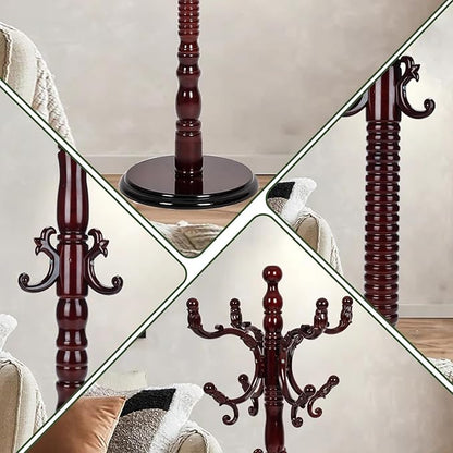 73" Wooden Coat Rack Stand,Coat Racks Freestanding With 14 Hooks And Solid Round Base Heavy Duty Adjustable Height Hall Tree Coat Rack for Entryway Hallway Foyer Office Bedroomf (Red sandalwood)