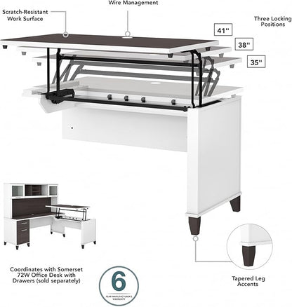 Bush Furniture Somerset 72W 3 Position Sit to Stand L Shaped Desk with Hutch in White and Storm Gray