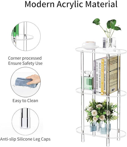Clear Acrylic Narrow Side Table for Small Spaces, 15.75" L x 7.87" W x 26.7" H, 3 Tier Oval Slim End Table Nightstand, Small Minimalist Skinny Bedside Table for Bedroom, Bathroom, Living Room