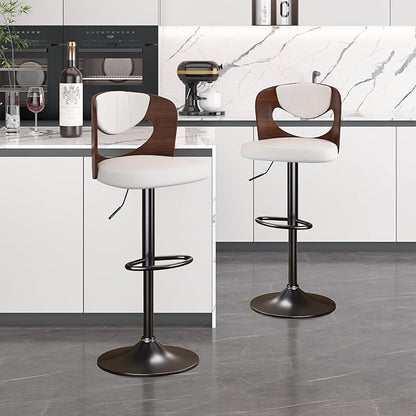 VECELO Bar Stools Set of 2,Kitchen Island Stools with Bentwood Back,Arm&Footrest,Counter Height Stools PU Leather Adjustable Height,Swivel Bar Chairs for Club Pub Dining Room, Ivory White
