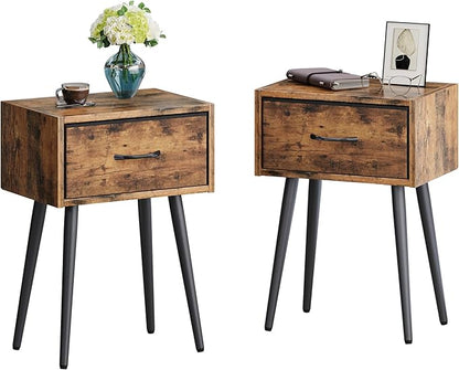 Small Nightstands Set of 2, Bedside Table with Fabric Drawer, Idustrial End Table with Metal Leg, Couch Side Table for Bedroom Living Room, Sofa, Office Rustic Brown LNT504R