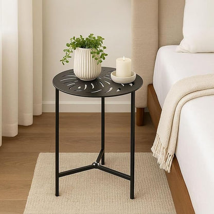 2 Packs 13" Metal Outdoor Side Tables Small Black Outside End Table for Patio Round Accent Corner Stand for Small Spaces Weather-Resistant Coffee Table for Balcony Porch Plant Stand, Monstera Leaf
