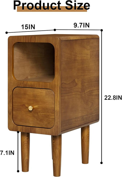 Narrow Nightstand, Solid Wood Night Stand with Drawers, Walnut Mid Century Modern Nightstand, Small Beside Table with Open Storage Shelf for Bedroom (10 inch)
