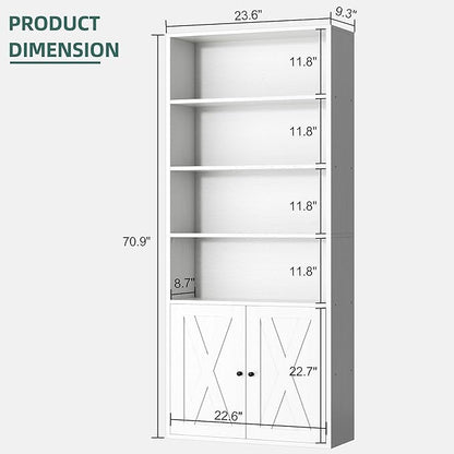 Shintenchi Bookshelf, Industrial Bookshelves and Bookcases with Doors Floor Standing 6 Shelf Display Storage Shelves 70.6 inches Tall Bookcase for Home Office, Living Room (White)