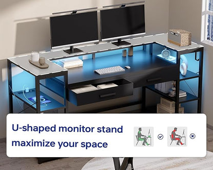 Pamray 58 Inch Computer Desk with Monitor Stand and Shelves Gaming Desk with LED Lights & Power Outlets PC Vanity Table with 2 Drawers for Home Office Pink