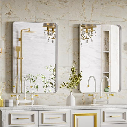Bathroom Mirror 24x32 inch, Silver Gorgeous Deep Frame Wall Mirror, Modern Round Corner Bathroom Vanity Mirror for Bedroom, Living Room, Hanging or Leaning Horizontal or Vertical, Silver