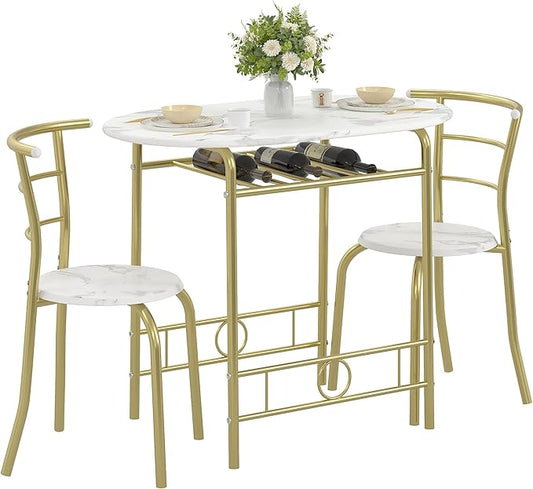 VECELO 3-Piece Dining Table Set for Kitchen Breakfast Nook, Wood Grain Oval Tabletop and Metal Frame with Built-in Wine Rack, for Small Spaces, White & Gold