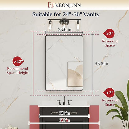 Keonjinn Black Bathroom Mirror for Vanity 24 x 36 Inch Metal Framed Wall Mirror Matte Black Rounded Rectangle Farmhouse Mirror, HD Tempered Glass, Wall-Mounted Decorative Mirror(Horizontal/Vertical)