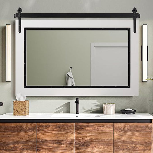 YOSHOOT Farmhouse Barn Door Mirror, 48"x30" Rustic Bathroom Mirror, Wood Frame Wall Mirror, Wooden Mirror for Living Room Bedroom Entryway Wall Décor, Horizontal Hanging ONLY