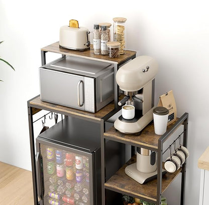 Mini Fridge Cabinet with Storage Shelves, Microwave Stand with Power Outlet, Coffee Bar Cabinet with Mini Fridge Space, Utility Storage Shelf for Home Kitchen Dorm Office