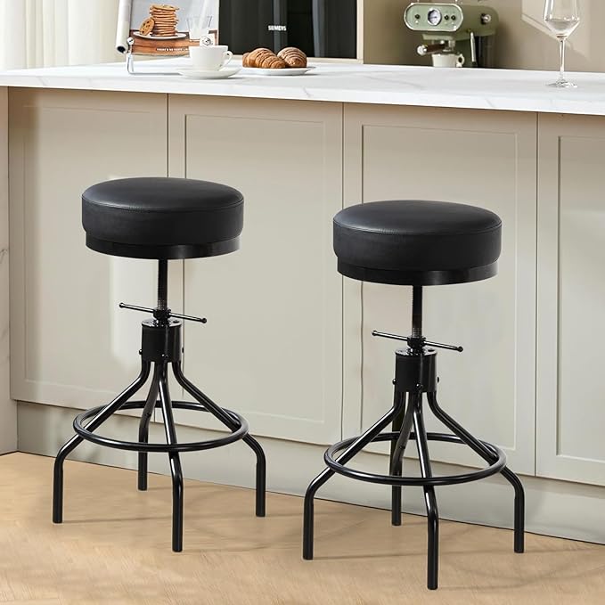 Industrial Bar Stools Set of 3 Adjustable Barstools Swivel Modern PU Leather 28inch Round Backless Kitchen Counter Height Metal Stool Bar Chair for Kitchen Island (3, Black)