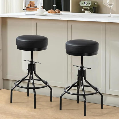Industrial Bar Stools Set of 3 Adjustable Barstools Swivel Modern PU Leather 28inch Round Backless Kitchen Counter Height Metal Stool Bar Chair for Kitchen Island (3, Black)