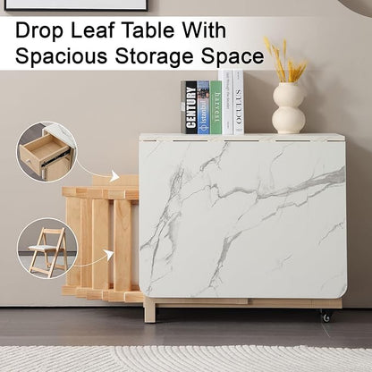 Drop Leaf Table Extendable, Foldable Kitchen Table Space Saving, Folding Dining Table with 2 Drawers and 4 Wheels, Dining Table for Living Room, Farmhouse， RV(Marble Wood)